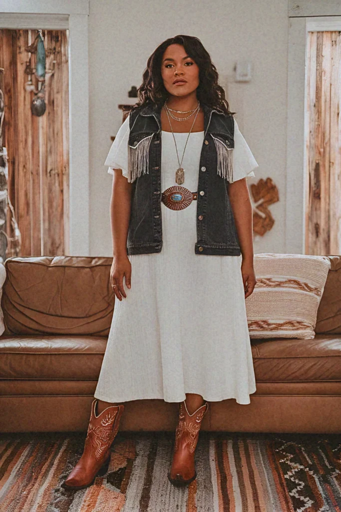 Plus Size Summer Fringe Denim Vest Nashville Outfit