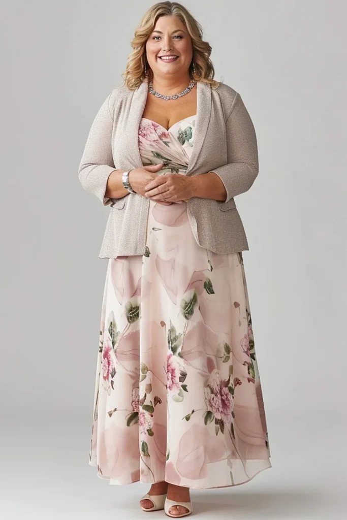 Plus Size Mother Of The Bride Pink Floral Print Chiffon Two Pieces Maxi Dress With Jacket