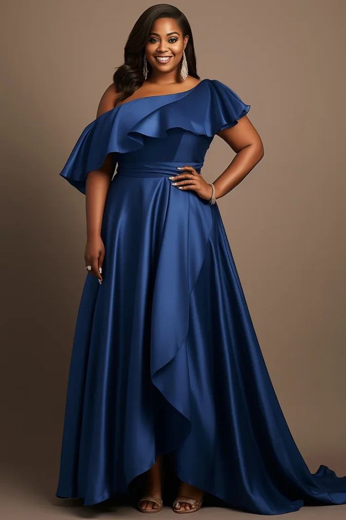 Plus Size Mother Of The Bride Blue Oblique Collar Ruffle Satin Maxi Dress