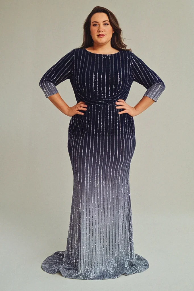 Navy Sequin OmbreÌ Plus Size Wedding Guest Cocktail Dress