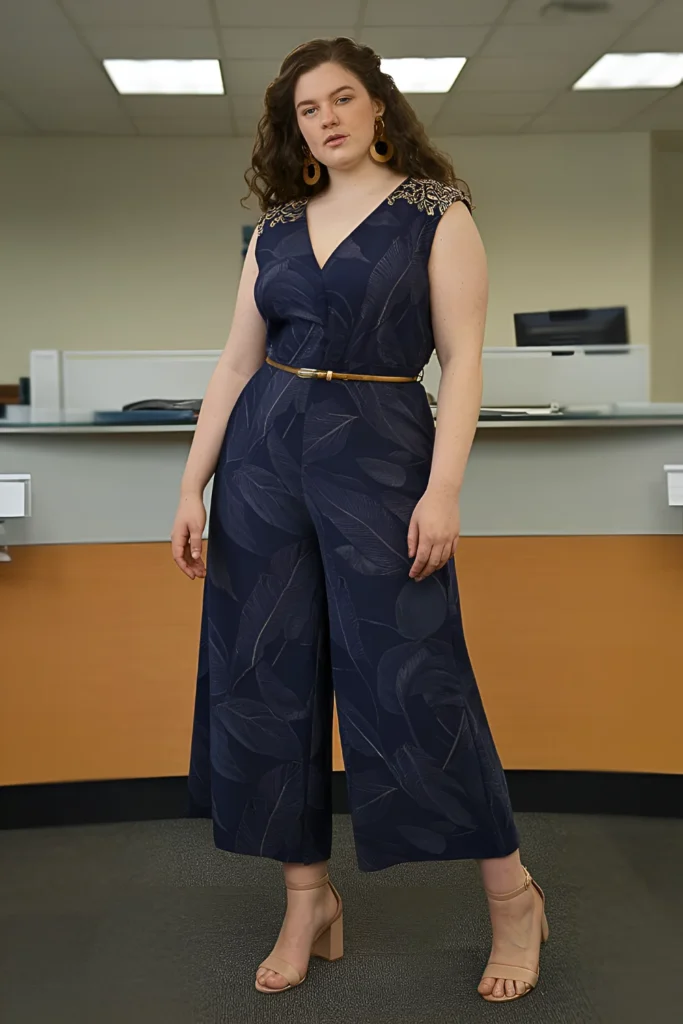 Plus Size Summer Tropical Print Culotte Jumpsuit Business Casual Outfit