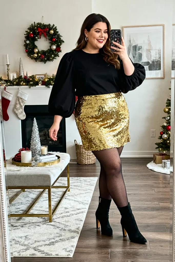 Plus Size Balloon Sleeve Top with Sequin Skirt Outfit