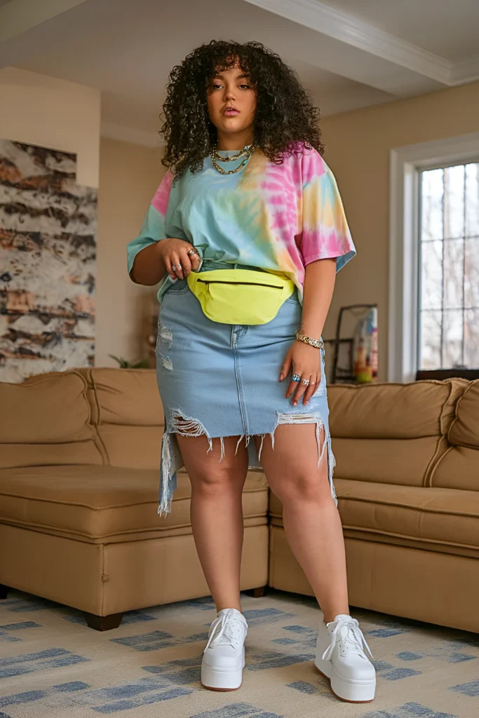 Plus Size Distressed Denim Mini Summer Skirt Outfit