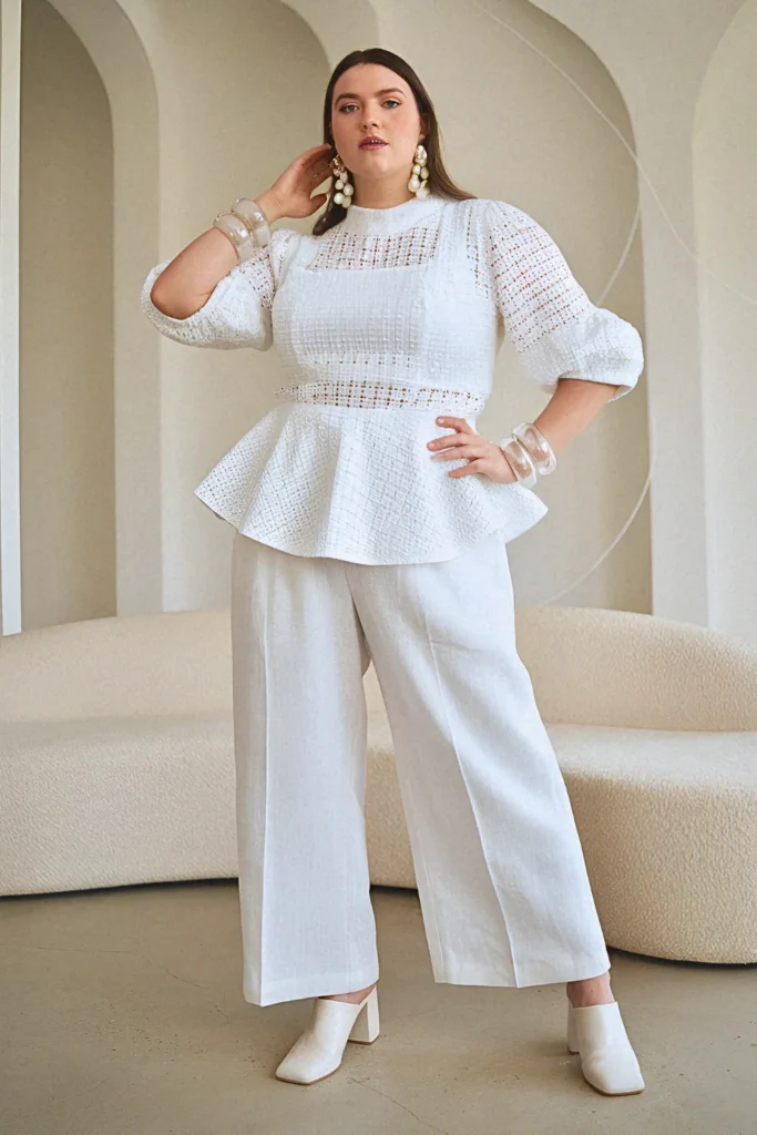 Plus Size Summer All-White Textural Contrast Party Outfit