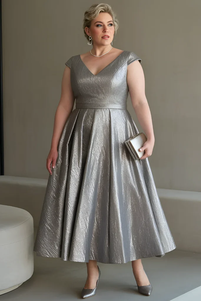 Plus Size Mother of the Groom Silver Gown with Cap Sleeves Dress
