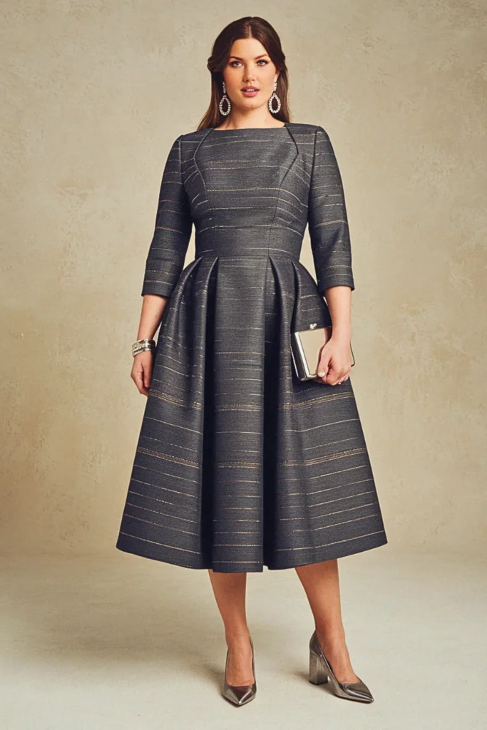 Charcoal Shimmer Bateau Plus Size Wedding Guest Cocktail Dress