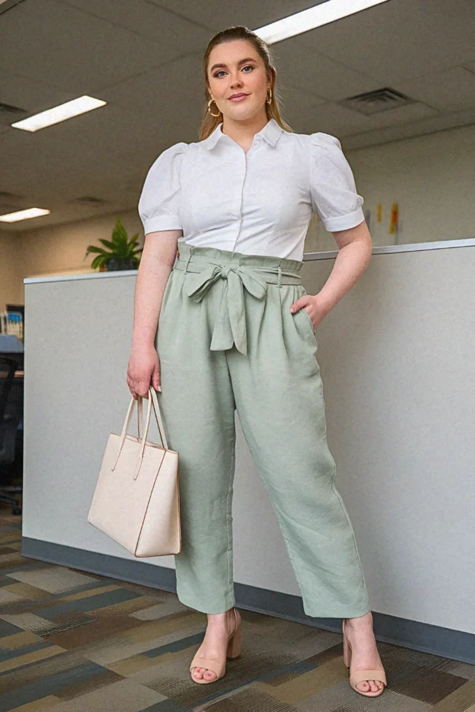 Plus Size Summer Linen-Blend Paperbag Trouser Office Outfit