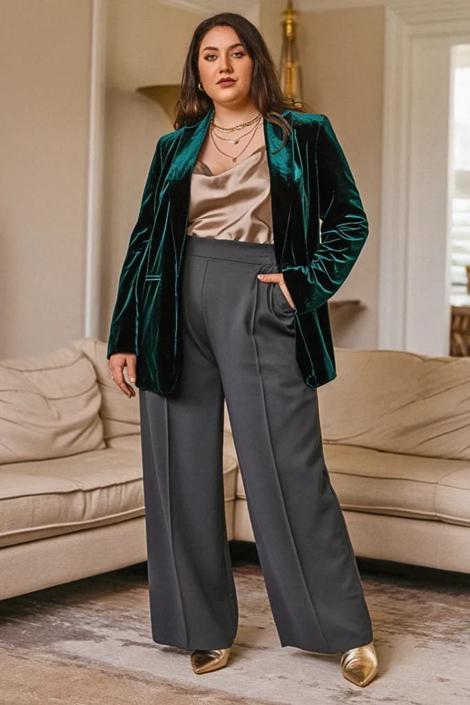 Plus Size Velvet Blazer and Wide-Leg Trouser Fall Outfit