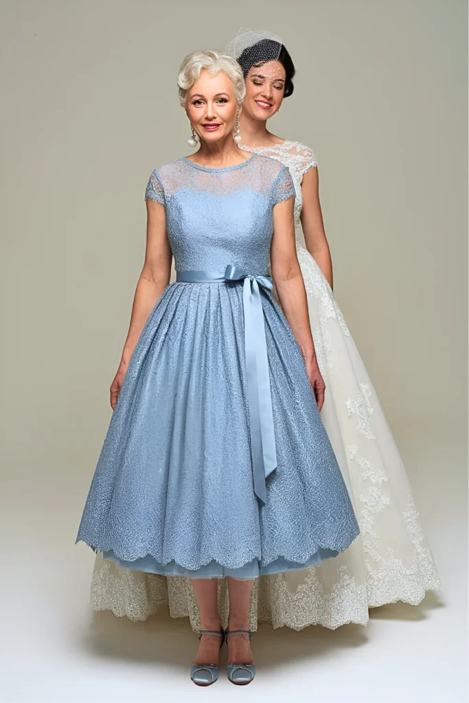 Vintage-Inspired Dusty Blue Lace Mother of the Bride Dress