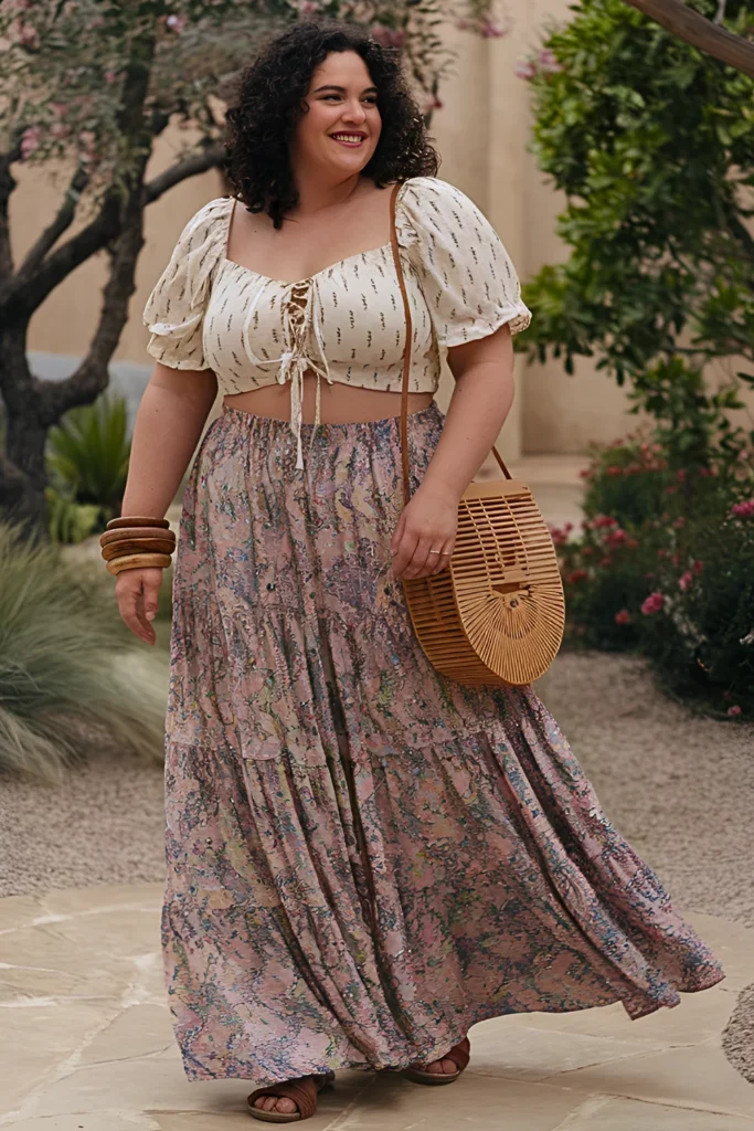 Plus Size Lace-Up Front Top and Tiered Maxi Skirt Hippie Spring Outfit