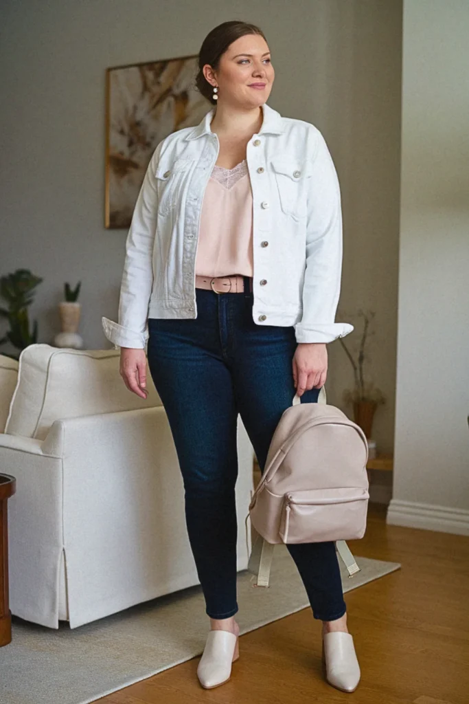 Plus Size Summer Lace-Trimmed Cami with White Denim Jacket Outfit