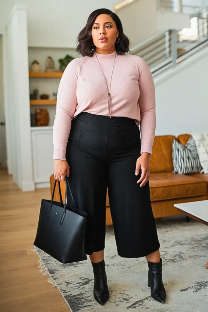 Plus Size Crew Neck Sweater with Culottes Fall Outfit
