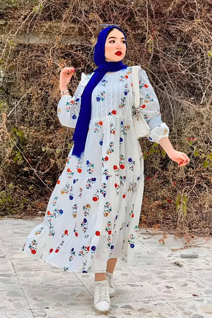 Floral Chiffon Dress with Royal Blue Hijab Spring Hijab Outfit