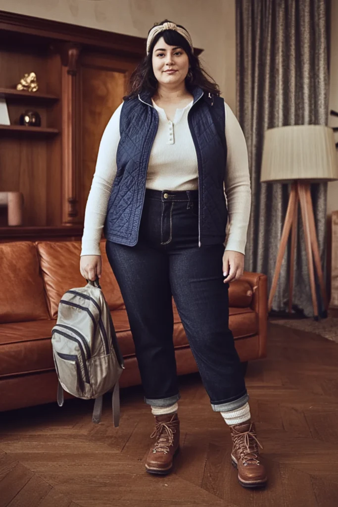 Plus Size Quilted Vest with Thermal Henley and Hiking Boots Winter Outfit