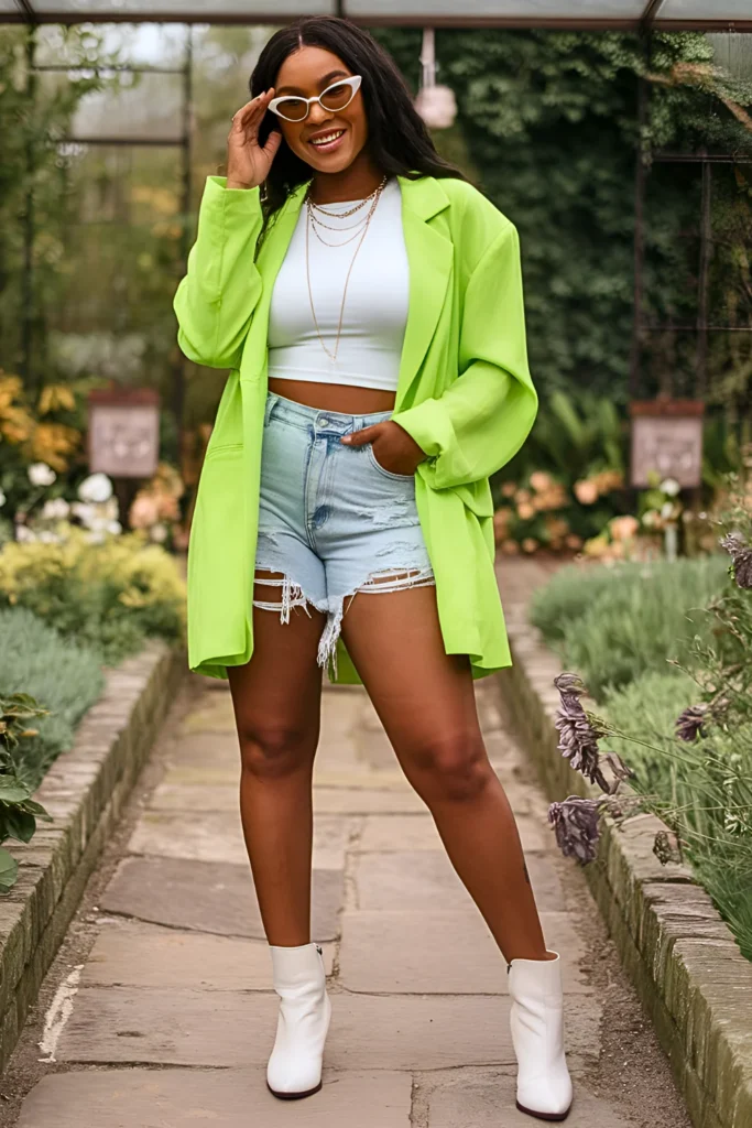 Neon Blazer and High-Waisted Shorts