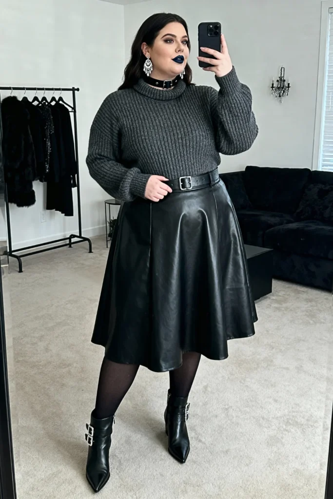 Plus Size Leather Midi Skirt with Turtleneck Sweater Outfit