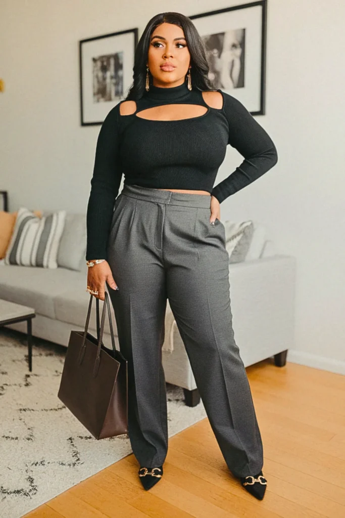 Plus Size Cutout Knit Top Trousers Fall Outfit