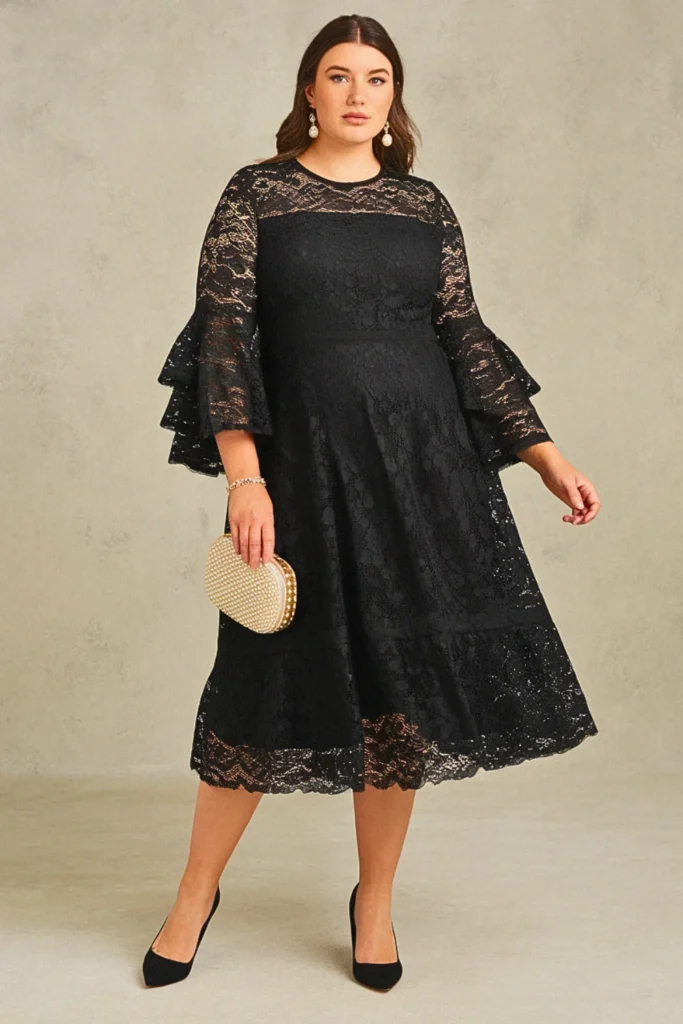 Tiered Ruffle Sleeve Black Lace Wedding Guest Dress