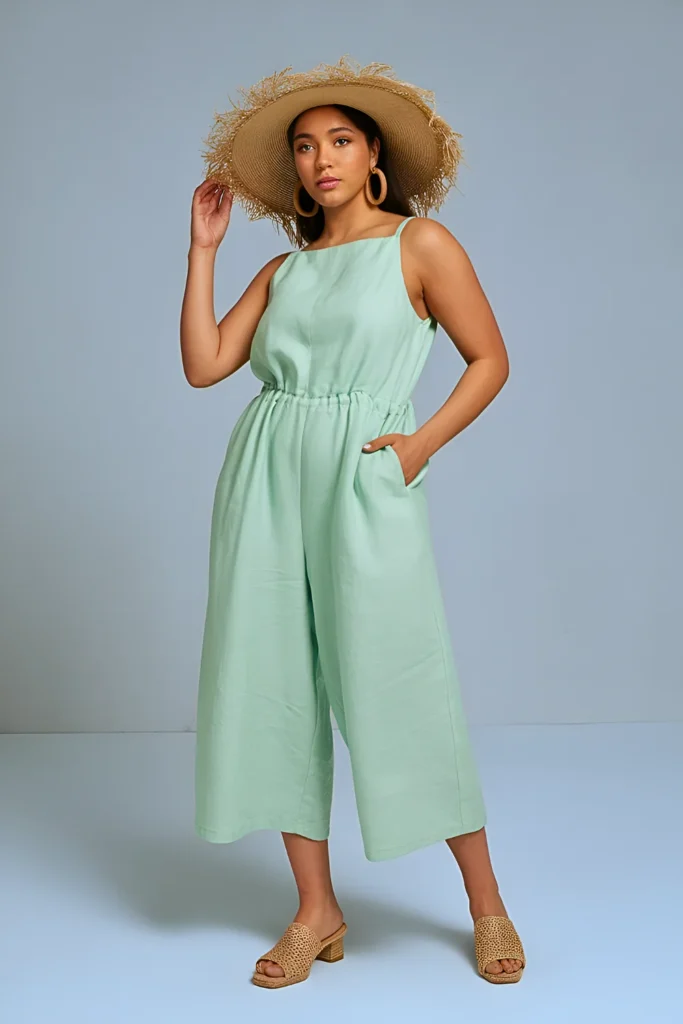 Mint Green Linen Jumpsuit and Woven Accessories Fresh Spring Birthday Brunch Outfit