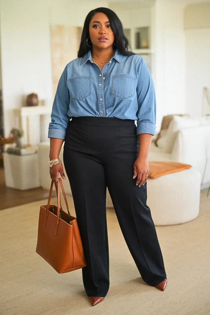 Plus Size Casual Denim Shirt Work Fall Outfit