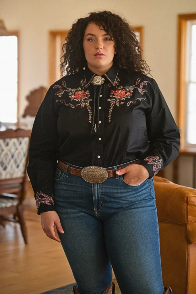 Plus Size Fall Embroidered Western Shirt Nashville Outfit