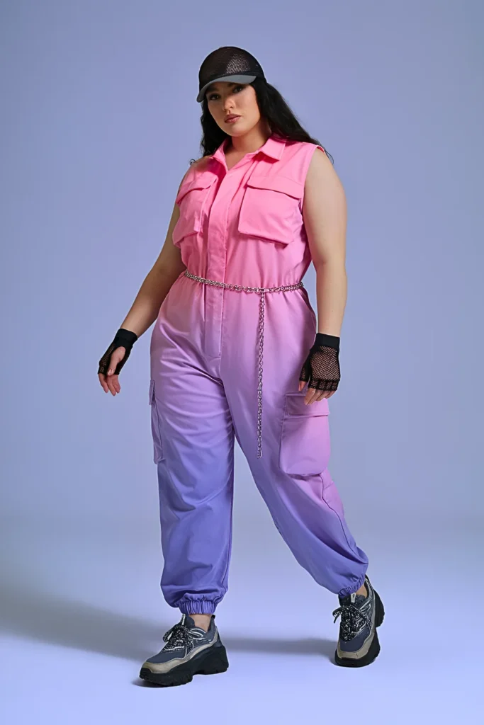 Plus Size Neon Gradient Cargo Jumpsuit Streetwear Outfit