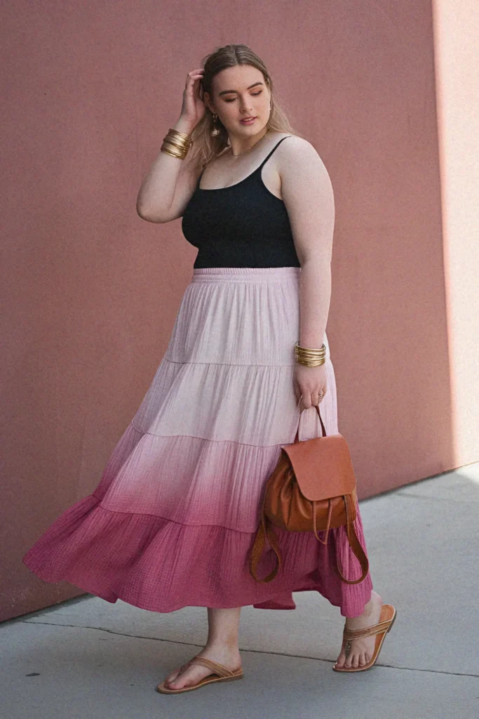 Plus Size Aesthetic Cotton Gauze Tiered Maxi Skirt Summer Outfit