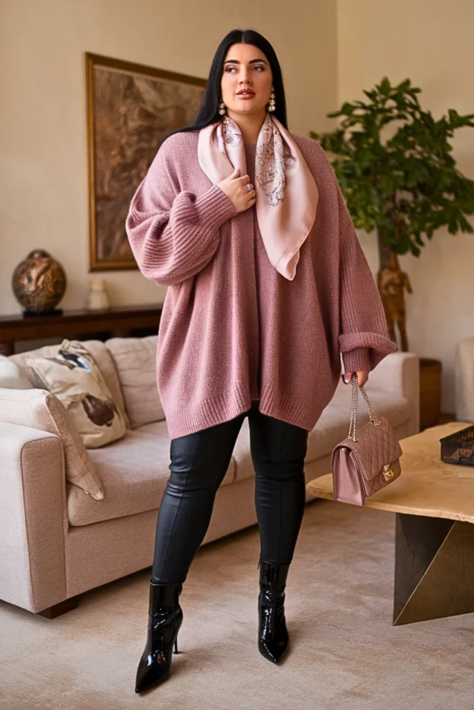 Plus Size Cashmere Cardigan With Leather Leggings Winter Outfit