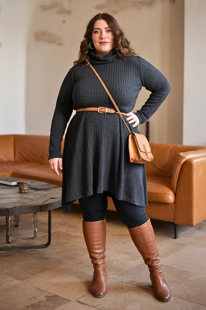 Plus Size Turtleneck Tunic with Leggings and Riding Boots Winter Outfit