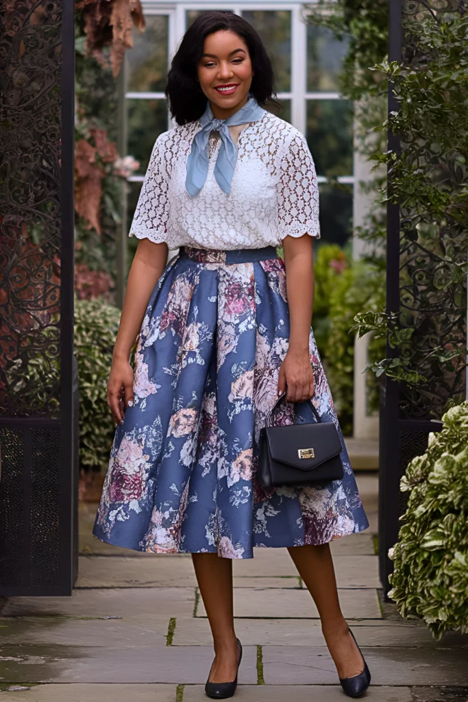 Eyelet Lace Blouse and Floral Midi Skirt