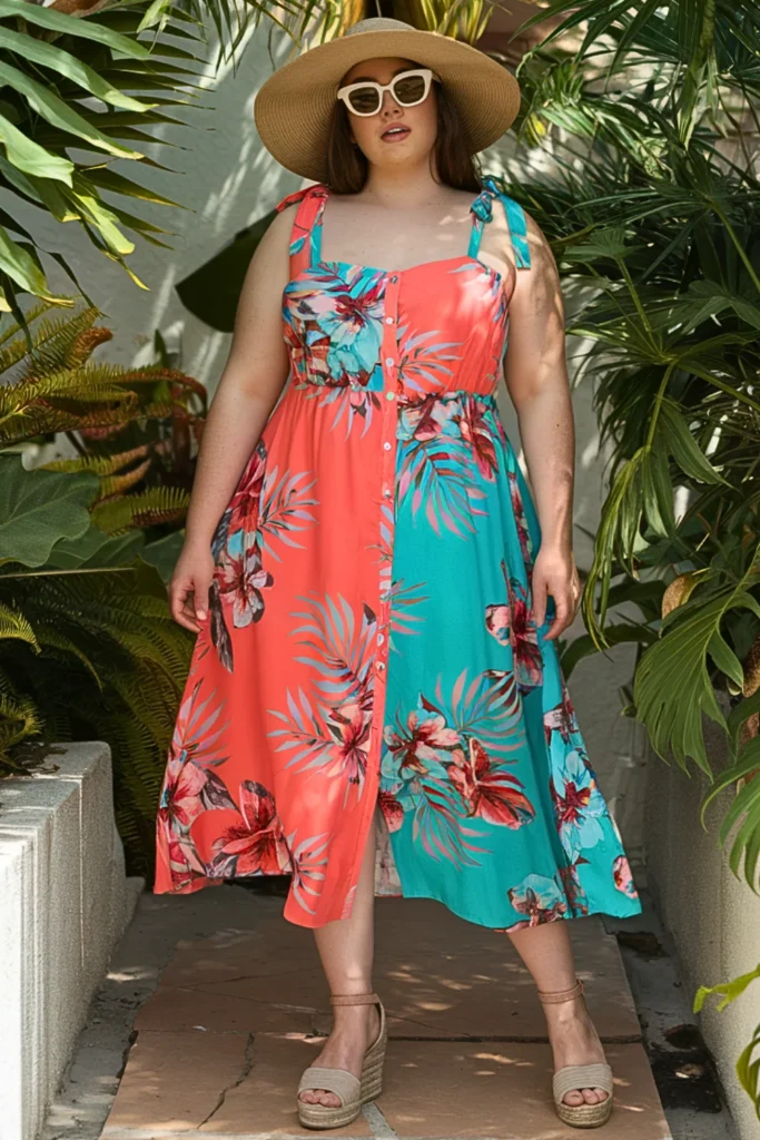 Tie Strap Button Front Midi Dress + Espadrille Wedges Vacation Outfit