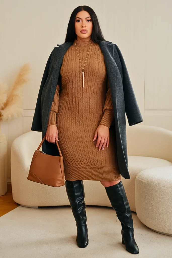 Plus Size Sweater Dress Knee Boots Fall Winter Outfit