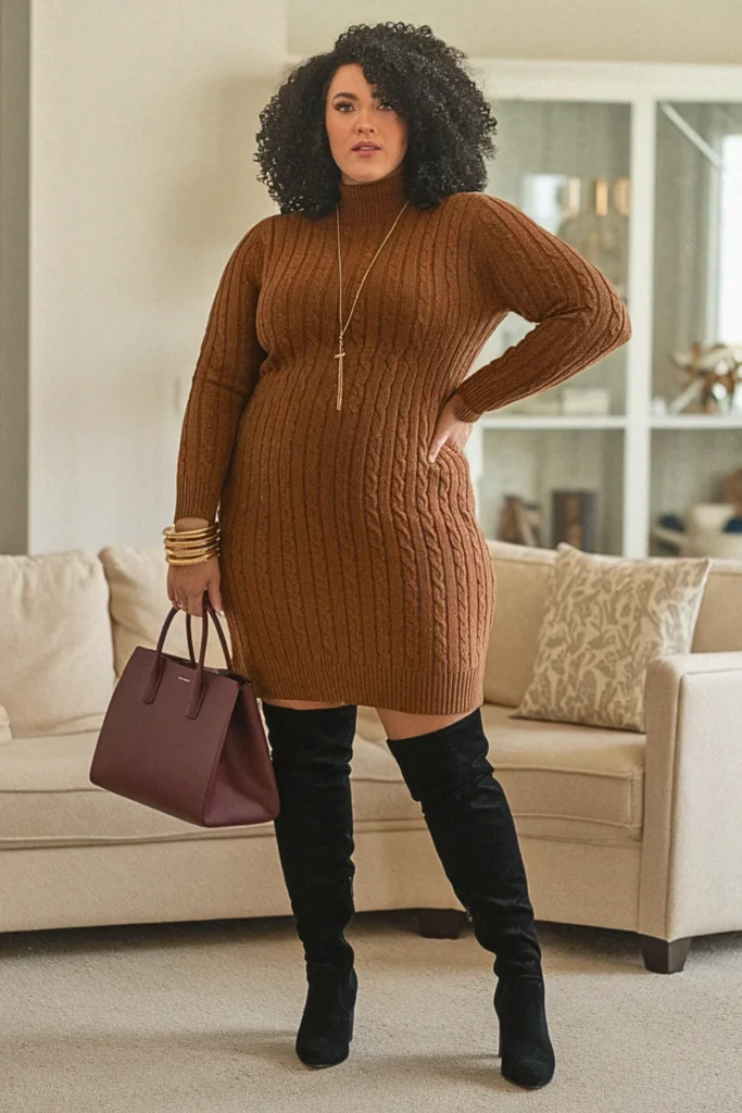 Plus Size Sweater Dress and Knee-High Boot Fall Outfit