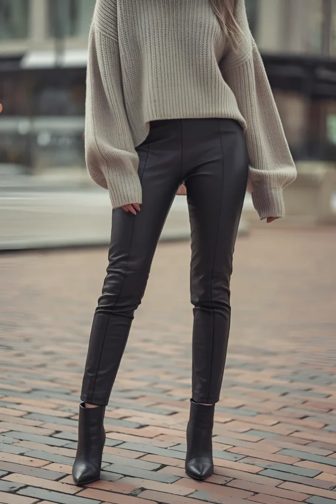 Winter Casual Leather Leggings and Sweater Outfit