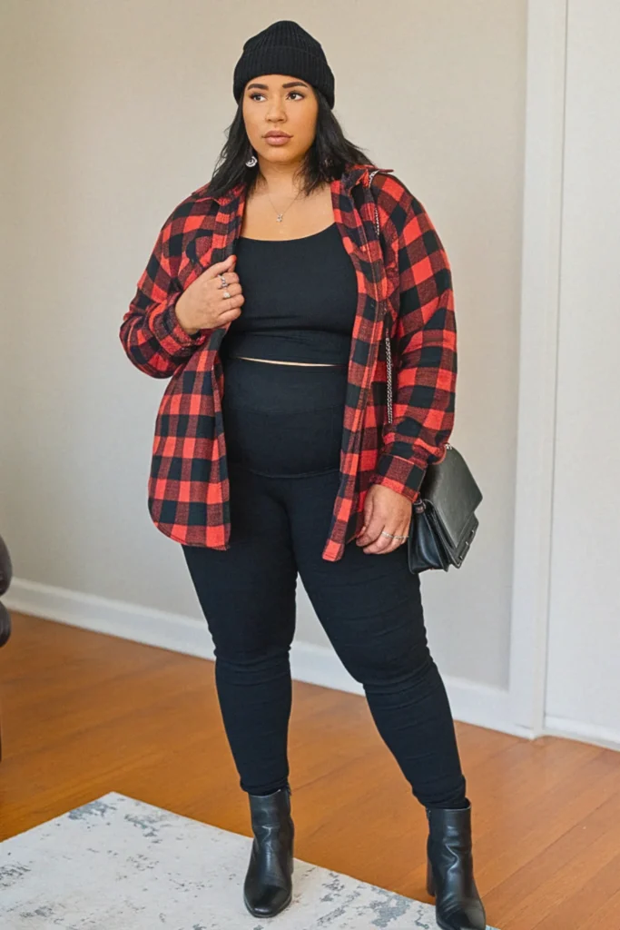 Plus Size Fall Casual Flannel and Jeggings Mom Outfit
