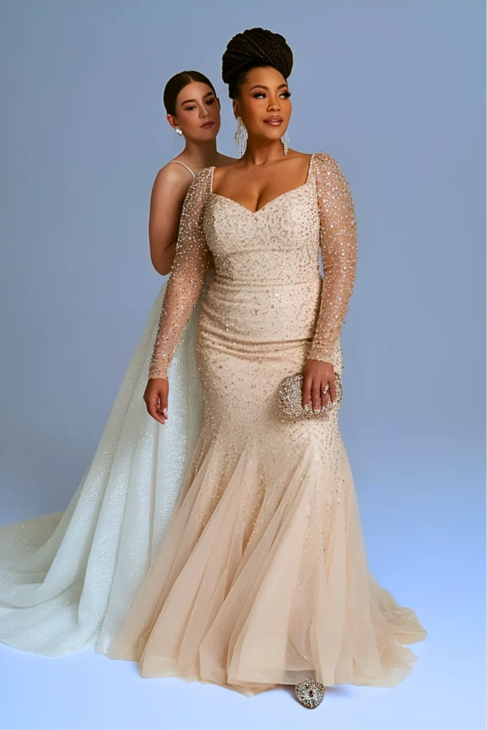 Plus Size Formal Champagne Sequin Tulle Mermaid Mother of the Bride Dress