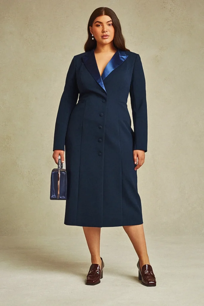 Plus Size Navy Blue Satin Collar Tuxedo Wedding Guest Dress