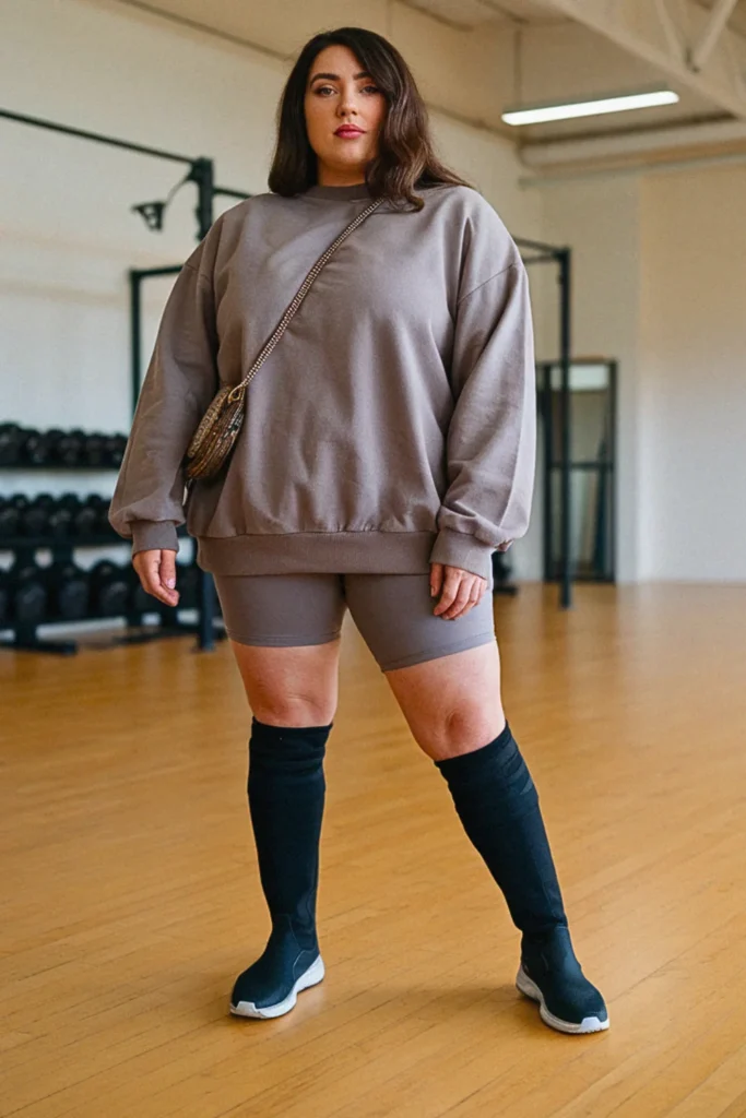 Plus Size Fall Tunic Sweatshirt and Bike Shorts Athleisure Outfit