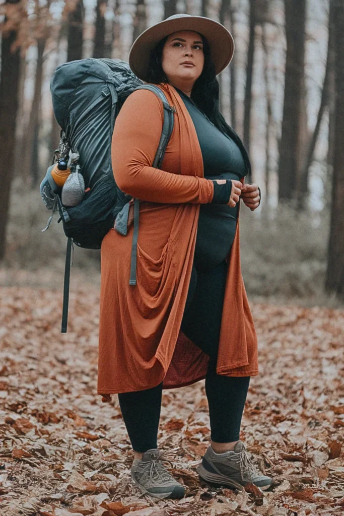 Plus Size Fall Duster Cardigan with Hiking Leggings Hiking Outfit