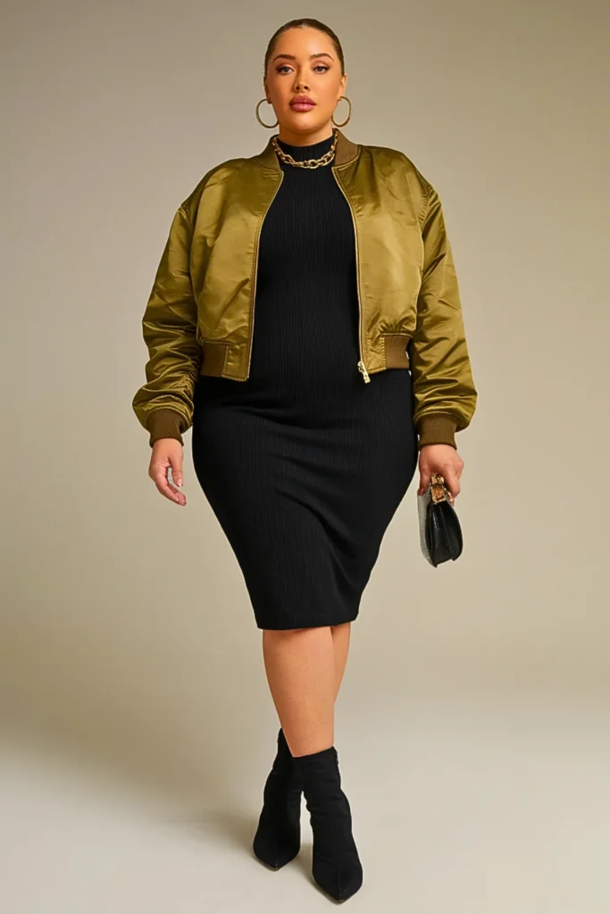 Plus Size Bomber Jacket Bodycon Dress Fall Outfit