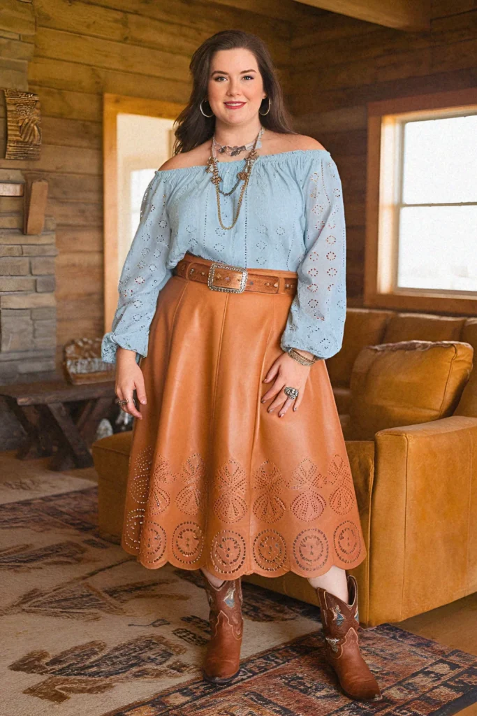 Plus Size Laser-Cut Leather Skirt with Eyelet Blouse Cowgirl Outfit