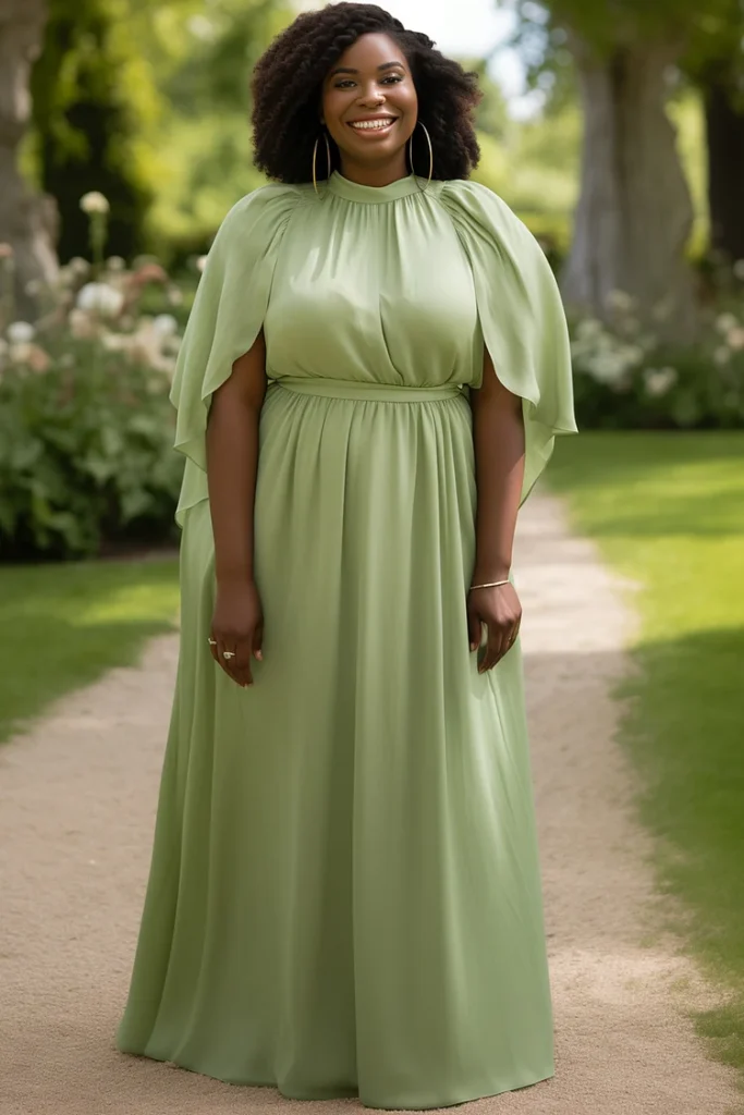 Plus Size Mother Of The Bride Sage Green Round Neck Cape Sleeve Chiffon Maxi Dress