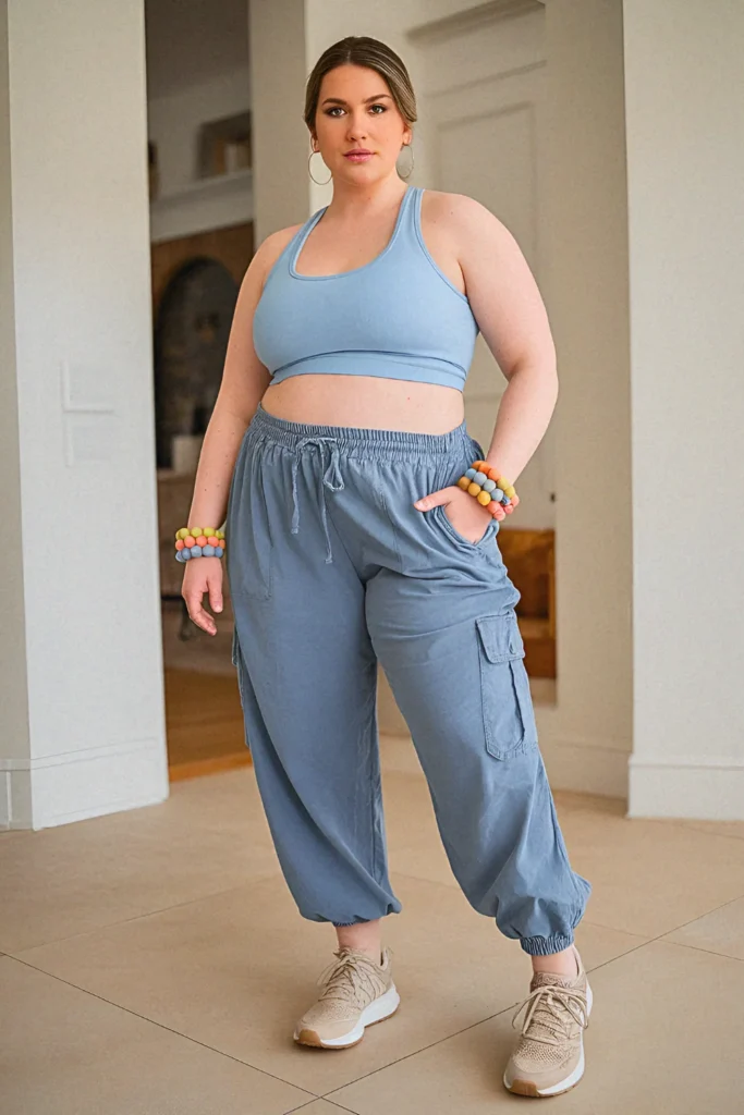 Plus Size Summer Drawstring Cargo Pants and Racer-Back Tank Mom Outfit