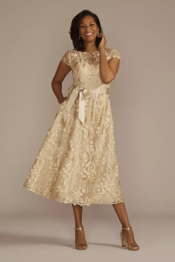 Champagne Short Sleeve A-Line Dress with 3D Flowers and Sash