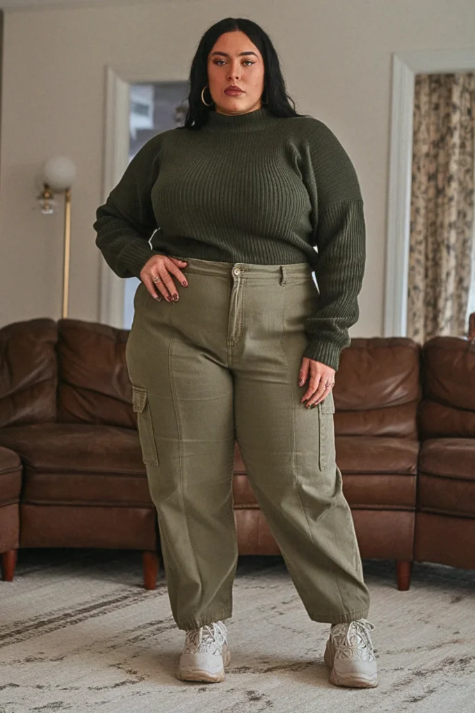 Plus Size Mock Neck Sweater and Cargo Pants Fall Outfit