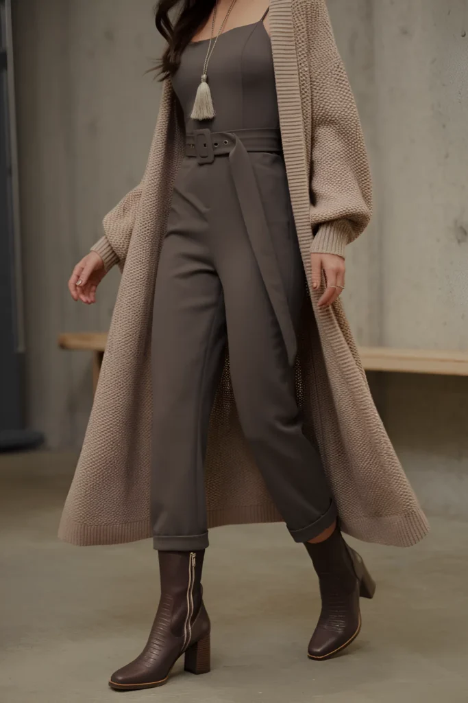 Winter Casual Jumpsuit and Duster Cardigan Outfit