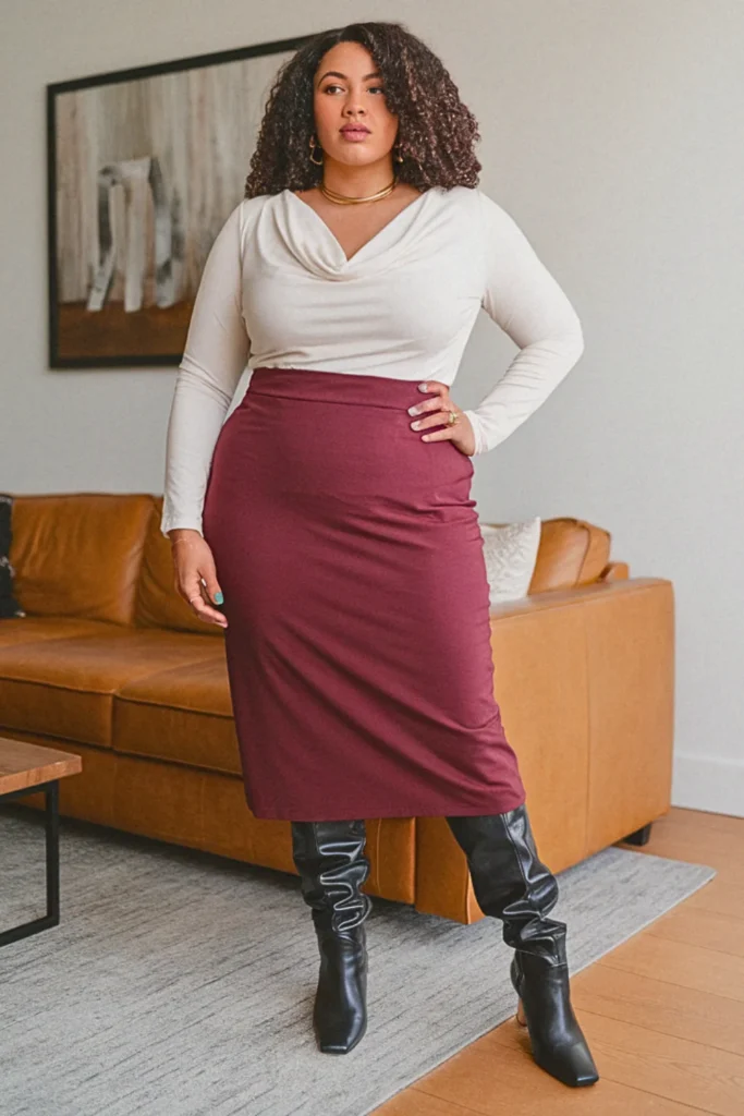 Plus Size Straight Skirt and Cowl Neck Top Dressy Fall Outfit