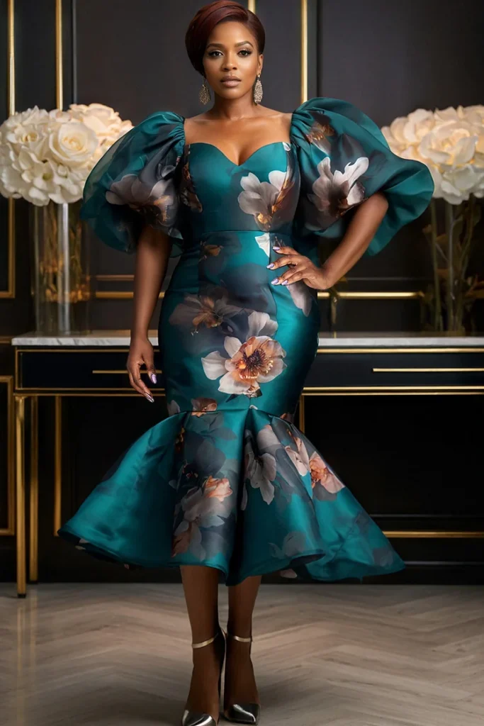 Plus Size Mother Of The Bride Blue African Ankara Square Neck Puff Sleeve Short Sleeve Mermaid Midi Dress