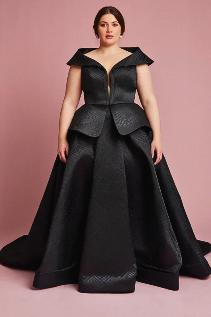 Plus Size Black Embossed Satin Modern Black Wedding Dress