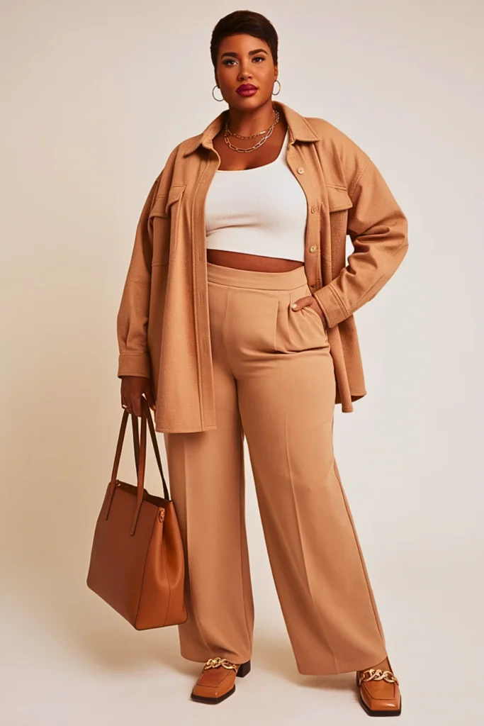 Plus Size Shacket Wide Leg Trousers Fall Outfit